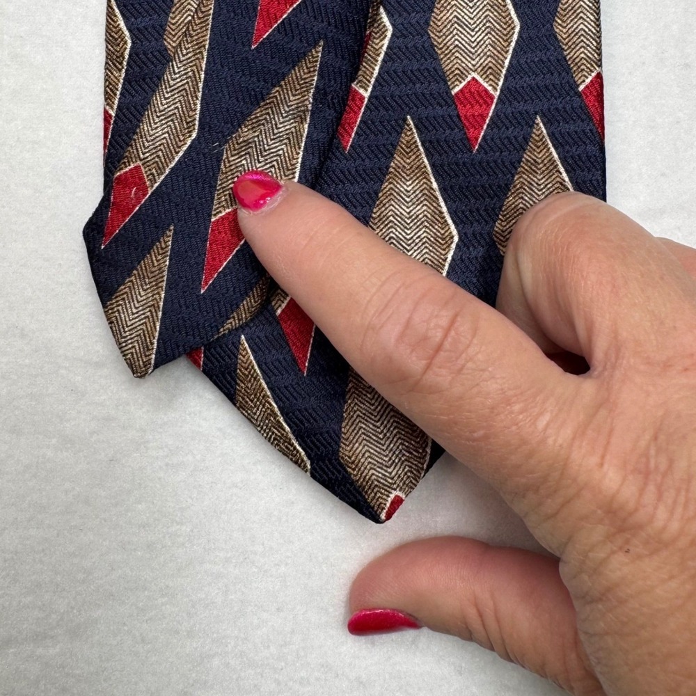 Givenchy Monsieur Vtg Mens Silk Necktie Navy Blue Red Tan Geometric Pattern READ - Picture 6 of 6